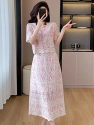 High Quality Summer Floral Embroidery Two Piece Sets Women Suits Elegant OL O Neck Shirt Mid Skirts 2 Piece Outfits Female