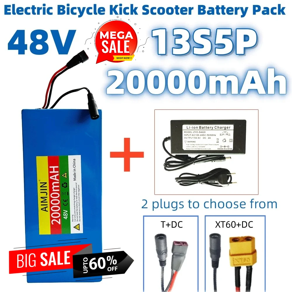 

13S5P 48V 20Ah 18650 lithium battery with built-in intelligent BMS, suitable for 500-1000W motors and chargers