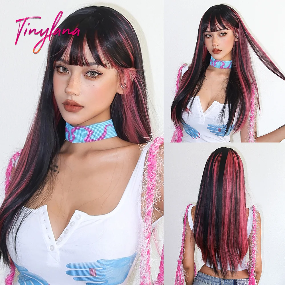Long Straight Black Mixed Pink Synthetic Wigs with Bangs for Women Colorful Cosplay Halloween Wigs Natural Hair Heat Resistant