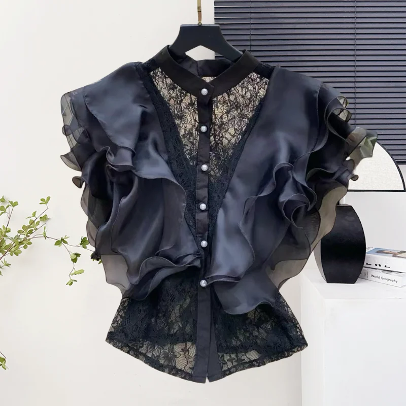 

New,Summer,Korean,Style,Breathable,Blouse,Chic,Sexy,Stand,Patchwork,Lace,3D,Ruffles,Single-breasted,Women,Puff Sleeve,Tops,56250