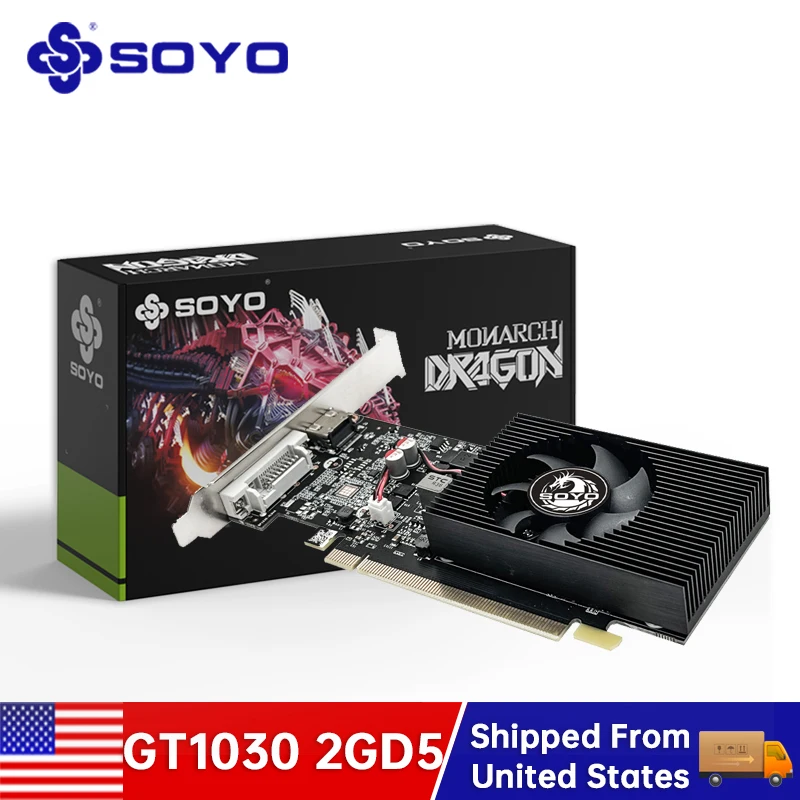 SOYO NVIDIA GeForce GT 1030 2G DDR5 PCI-E 3.0 Full Height Low Profile Gaming Video Card Graphics Card HDMI-compatible DVI For PC