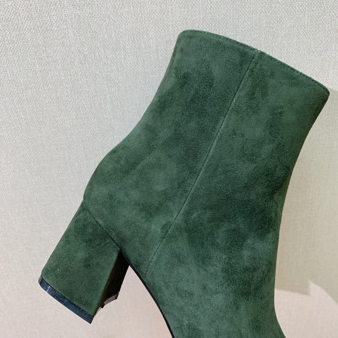 Donna-in Women Suede Leather Ankle Boots Elegant Green Boots Side Zipper Square Block Heel Round Toe Short Boots Large Size 42