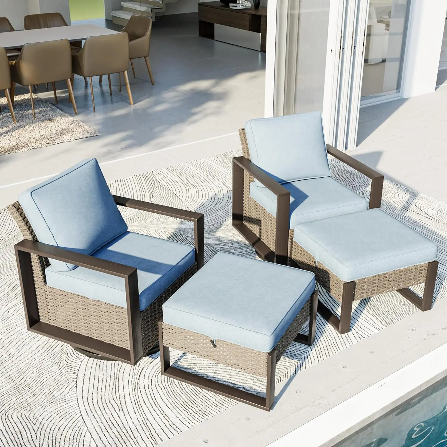 

4 Piece Patio Furniture Set, Outdoor Swivel Rocker Patio Chairs And Ottoman, Metal Patio Furniture With Deep, Customized