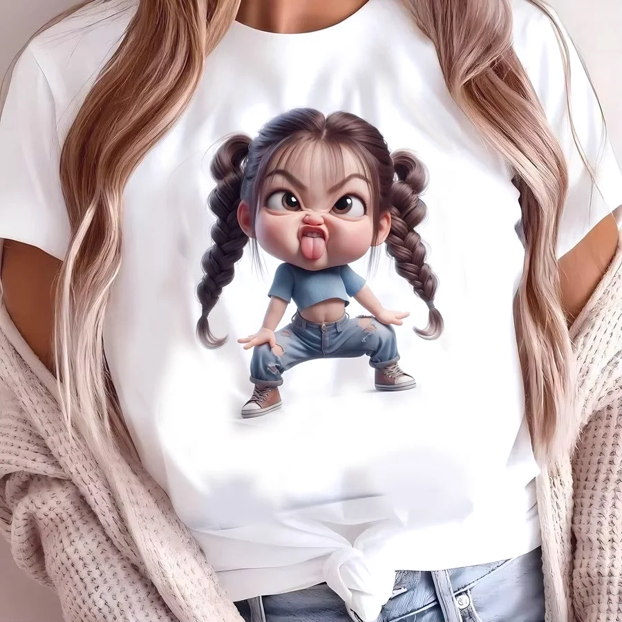Ladies' Casual Printed Round Neck T-shirt Cute Breathable Fabric Regular Length Motivational Printed T-shirt Suitable for Vacat