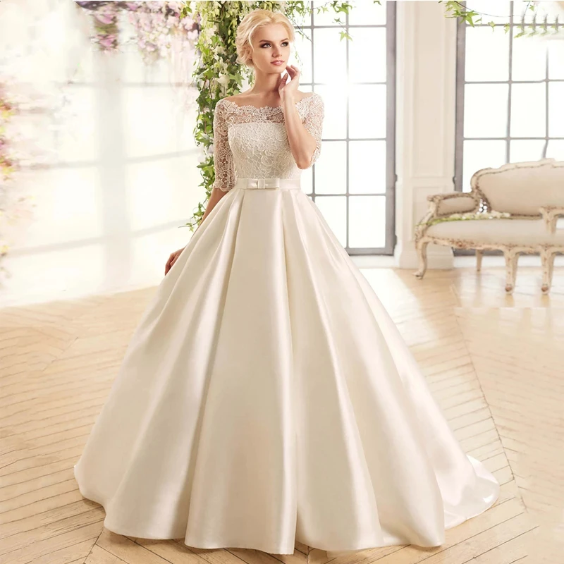 Elegante abito da sposa personalizzato di lusso con maniche a sette punte in raso brillante a-line con fiocco Vestidos De Novia