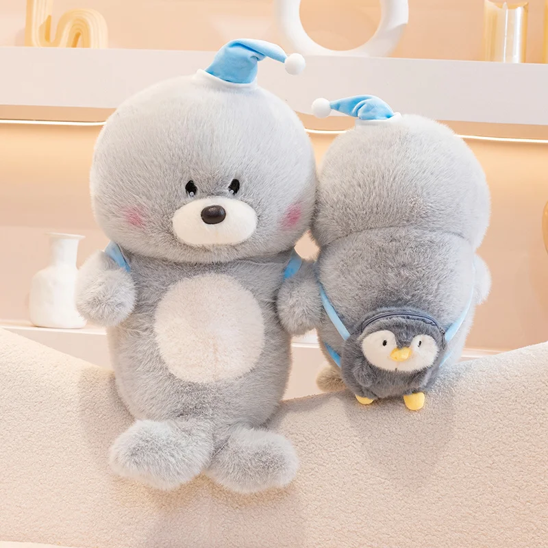 Zeeleeuw knuffel nieuwe schattige zeeleeuw met pinguïn rugzak knuffeldier kussen baby troostende slaap pop kind verjaardagscadeau