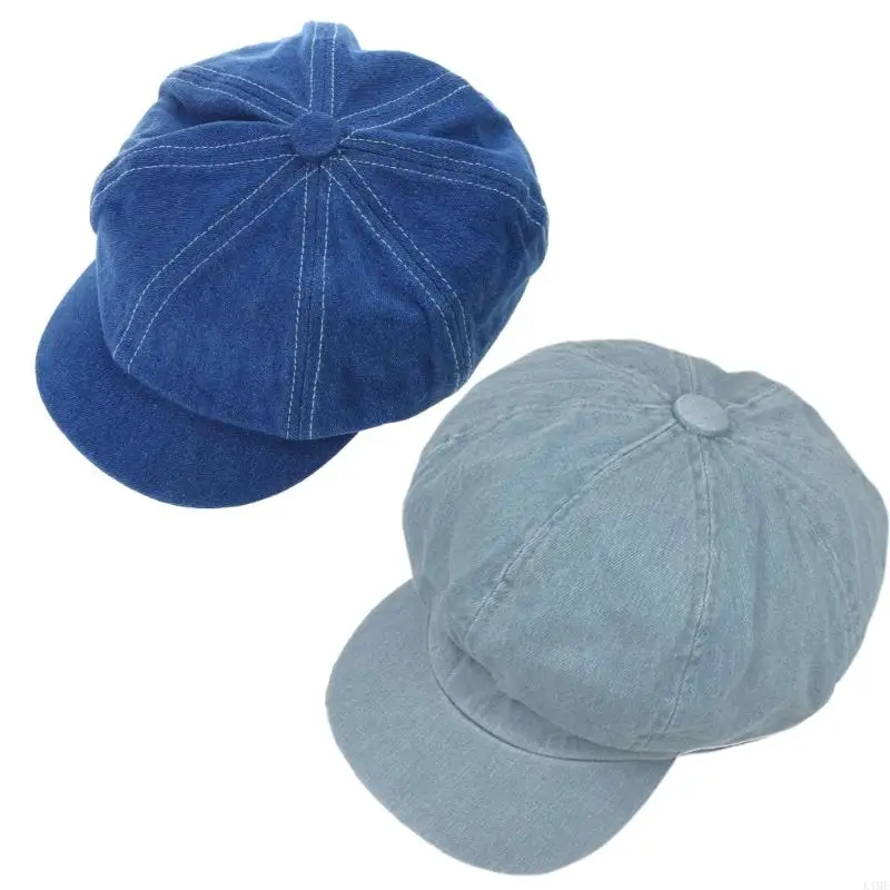 

K1ME Women Men Vintage Washed Blue 8-Panel Octagonal Newsboy