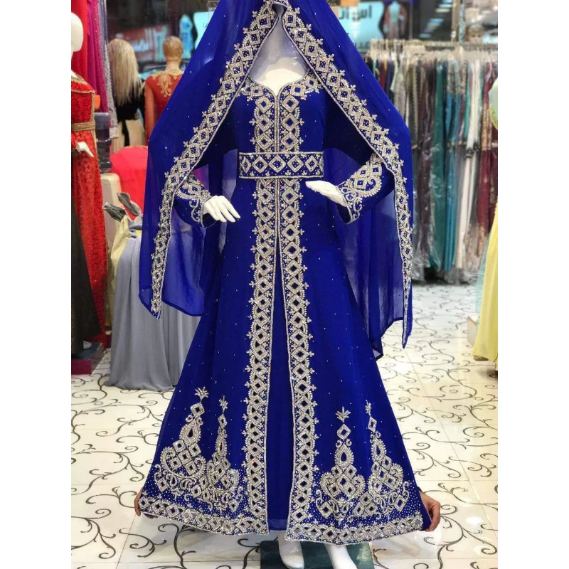 Pakaian biru Royal Afrika mewah Abaya Dubai Formal manik-manik Maroko gaun panjang tren mode Eropa dan Amerika