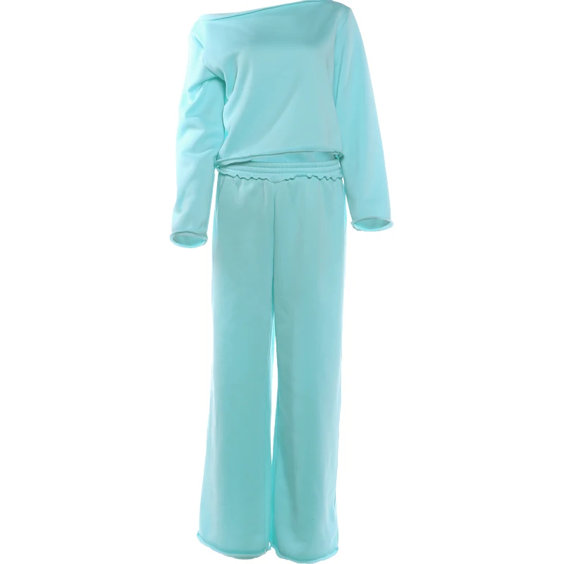Weird Puss Lässiges, bequemes 2-teiliges Set für Damen, Herbsttrend, schräger Kragen, T-Shirts mit langen Ärmeln + lange Hosen, schlichte Outfits – Detail 2