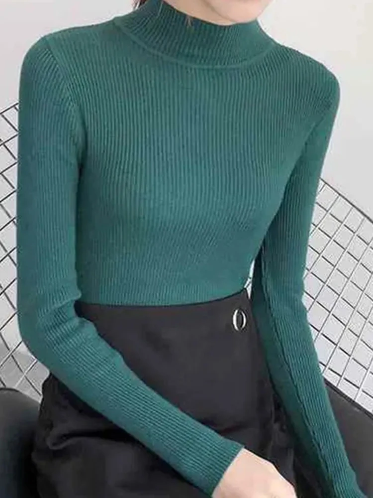 Mock Neck Women Sweater Vintage Basic Solid Knitted Tops Casual Slim Pullover Autumn Winter Korean Tops Simple Chic Jumpers