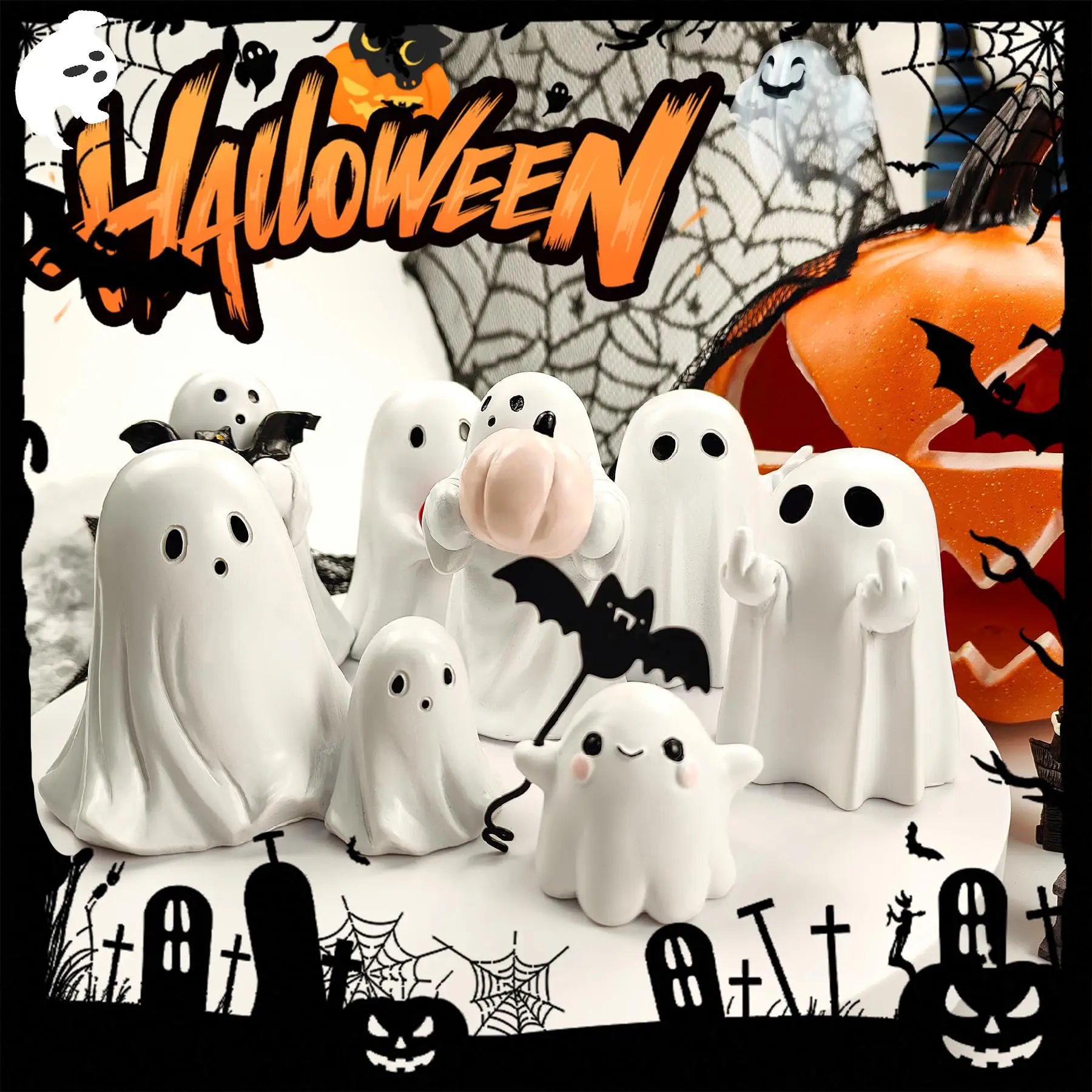 

Ghost Figurine Halloween Funny Ghost Statue Holding Bat for Gift Cute Halloween Decor for Anniversary Weddings New Year Statues