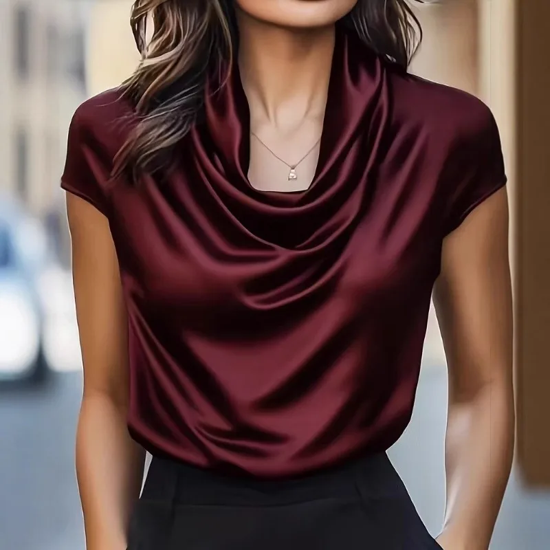 Fashion New Elegant Women's Swing Collar Short-sleeved Shirt Spring and Summer Casual Office Versatile Stain Blouse Retro Top