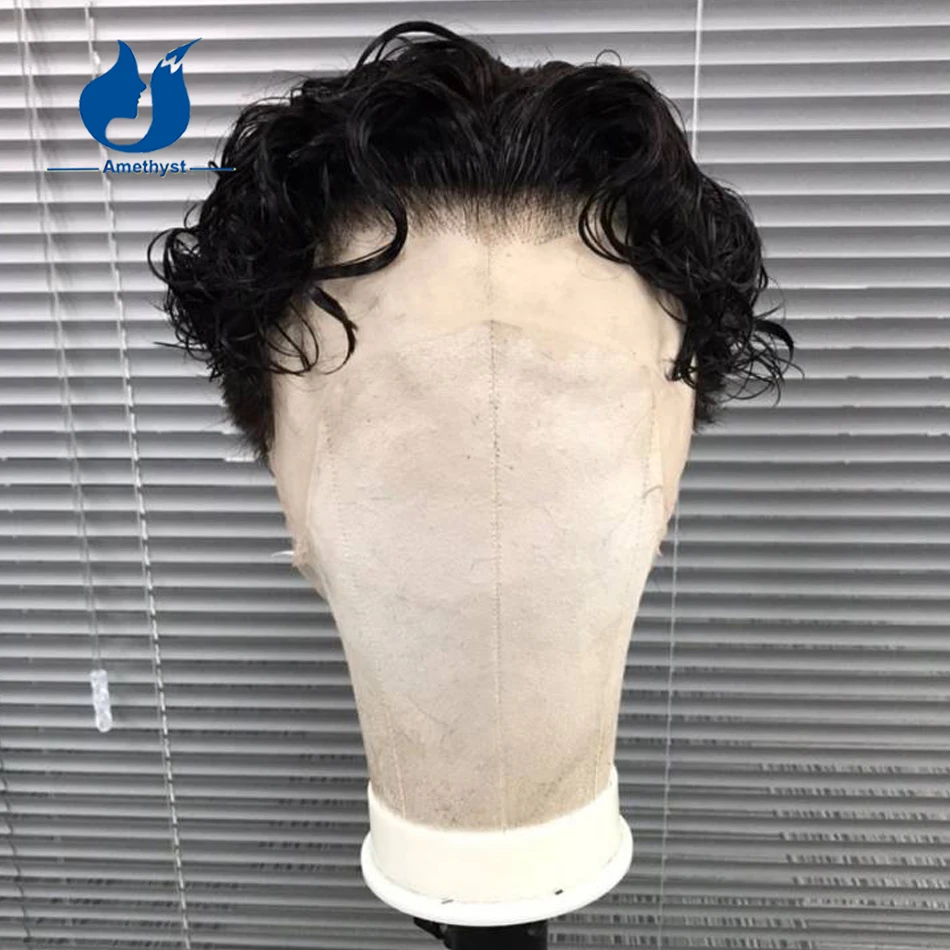 جمشت الرجال شعر مستعار مجعد قصير عابث قطع الشعر البشري قبل قطعها الطبيعية الأسود ريمي كامل الدنتلة حلاقة في الخلف والجانب #1