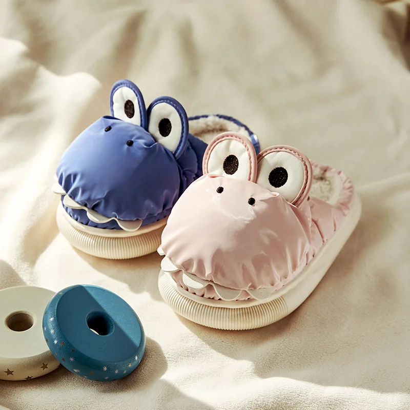 Children Cotton Slippers Girls Boys Warm Winter Indoor Household Crocodile Non-slip Waterproof Down Cute Cartoon Baby Slippers