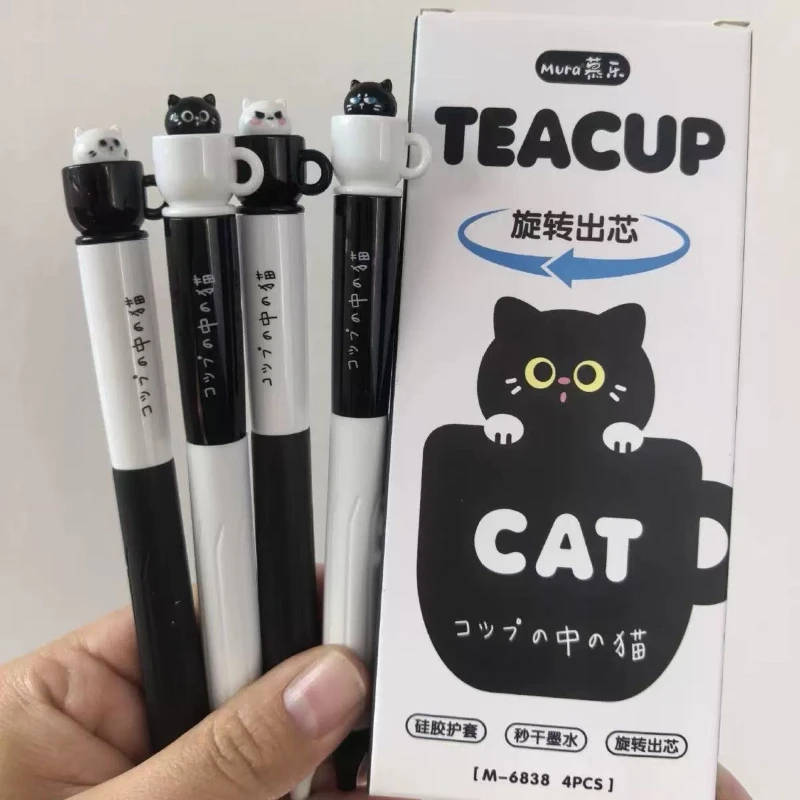 

Милая гелевая ручка-котик в чашке, забавная, антистрессовая, с вращающимся стержнем, силиконовым чехлом, быстросохнущая, 0.5 мм, черная, канцелярские товары Kawaii
