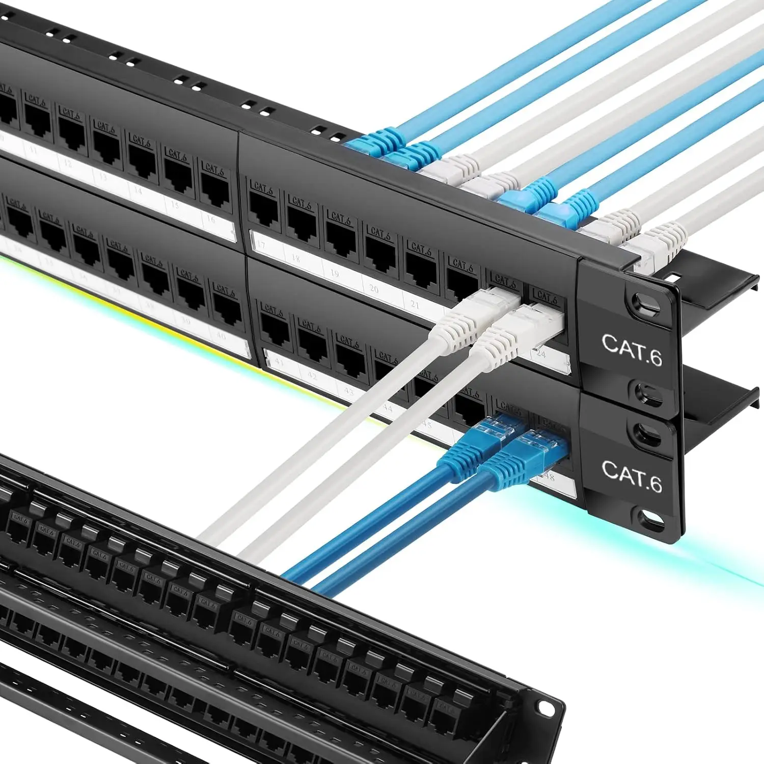 48 Port Cat6 Patch Panel with Inline Keystone 10G Support, Pass-Thru Coupler UTP 19-Inch, Removable Back Bar, 1U Network for Cat