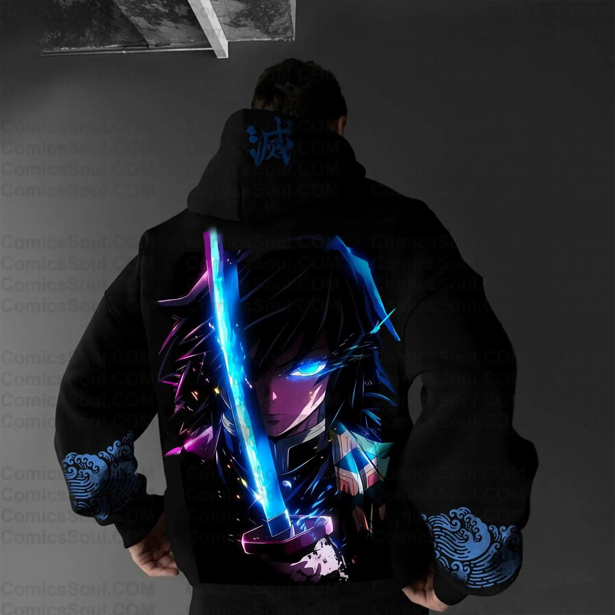 Demon Slayer Kimetsu No Yaiba Giyu Tomioka zwarte hoodie set waterpatroon blauw zwaard karakter print outfit met sneeuwvlok logo