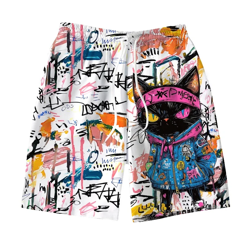 

3D printed colorful graffiti cat men's shorts, cute animal pattern beach pants, casual breathable swimming trunksIV