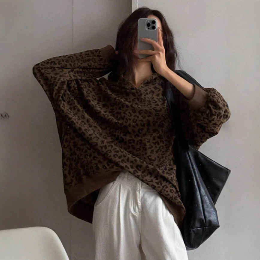 Women's Leopard Print Hooded Sweatshirt Long Sleeve Drawstring Loose Fit Elegant Versatile Commute Office Casual Pullover Hoodie