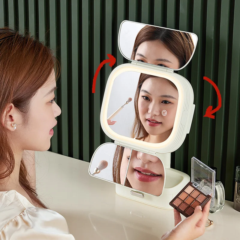 Desktop Dresser Magnifying Glass LED Makeup with Storage Box Lamp Table Tabletop Rotatable Multifunctional Bedroom Beauty Mirror