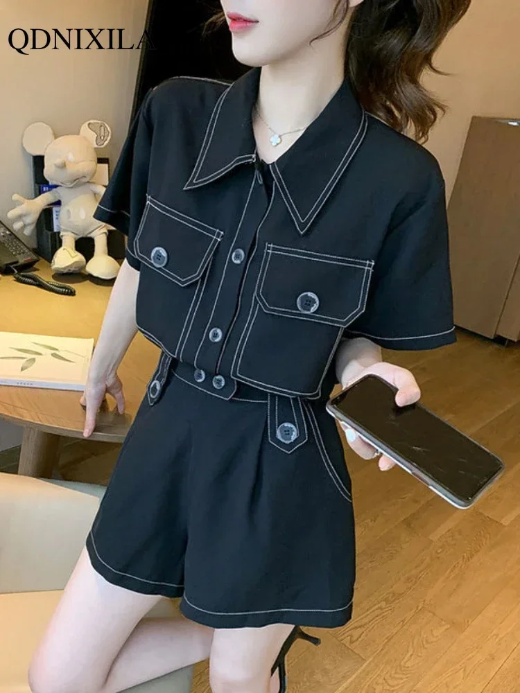 2024 Summer New in Women\'s Short Sets Black Cargo Suit Korean Style Fashion Elegant Women Two Piece Sets Outfits Matching Sets