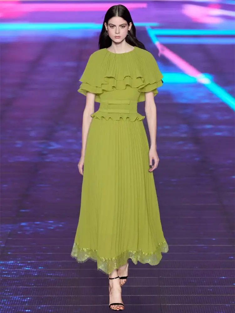 2025 verão moda crewneck manto em camadas babados plissado renda costura estilo princesa vestidos longos femininos