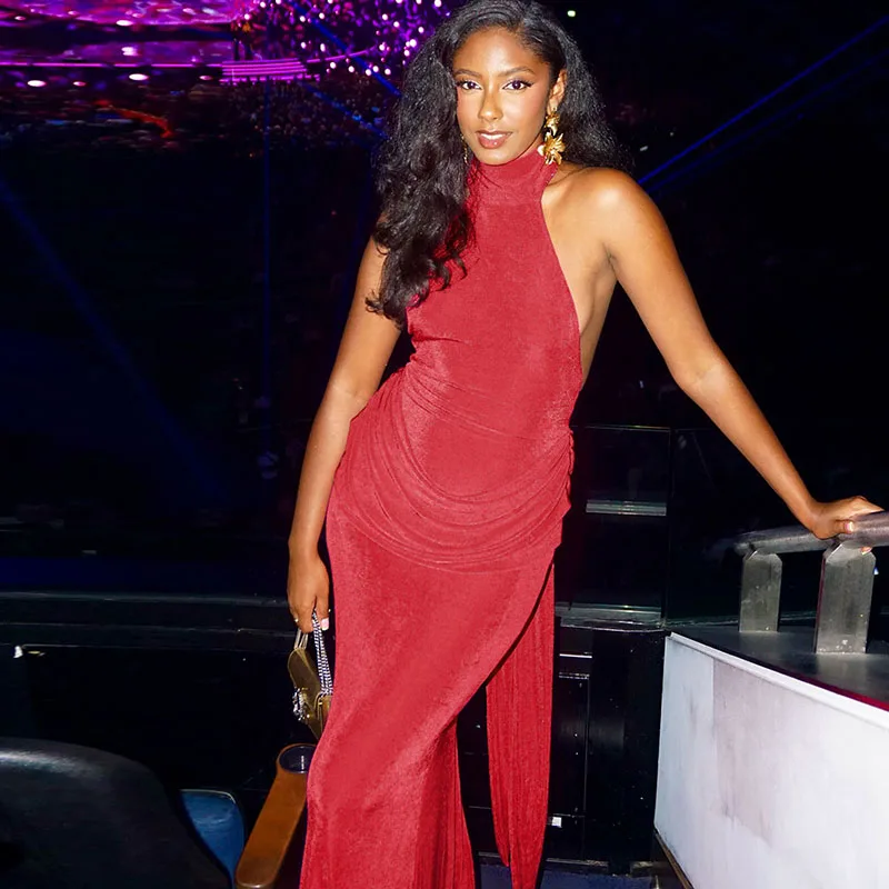 

Сексуальное красное облегающее платье макси с лентой для женщин на день рождения, ночной клуб, вечерние, без рукавов, с открытой спиной, с лямкой на шее, длинные платья, Vestidos