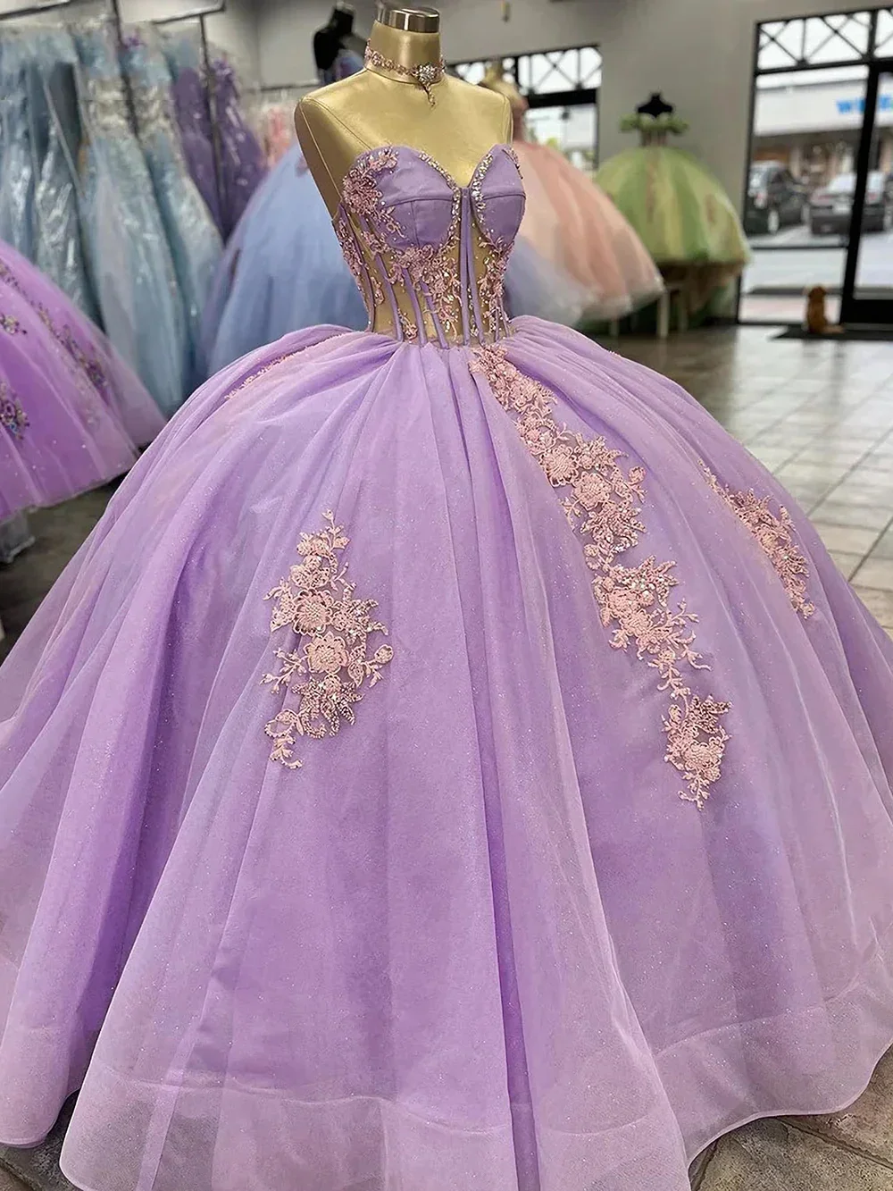 LIYYLHQ Lilac Mexican Quinceanera Dresses for Women Tulle Lace Appliques Ball Gown Strapless Corset Beaded Birthday Party Gowns