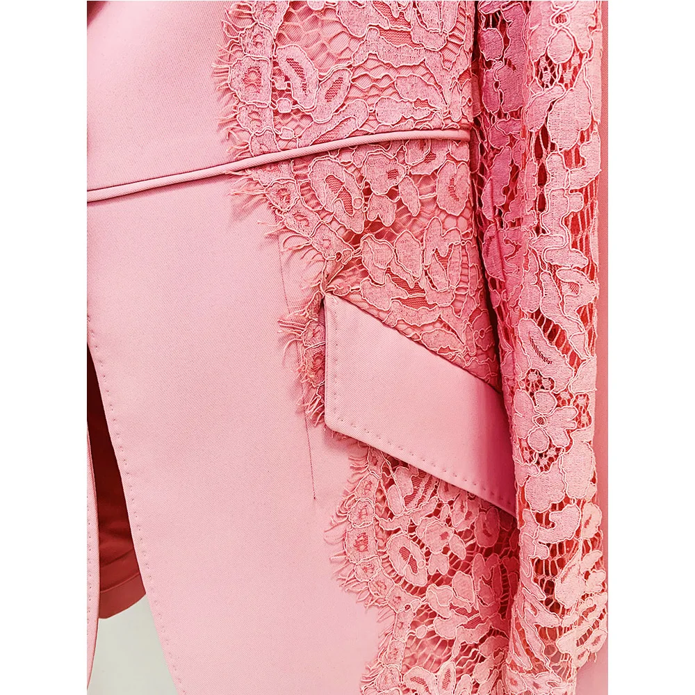 Heavy Made Lace Patchwork High Quality Elegant Single Button Blazer Flare Pants Women Business Suit 2 Pcs Set