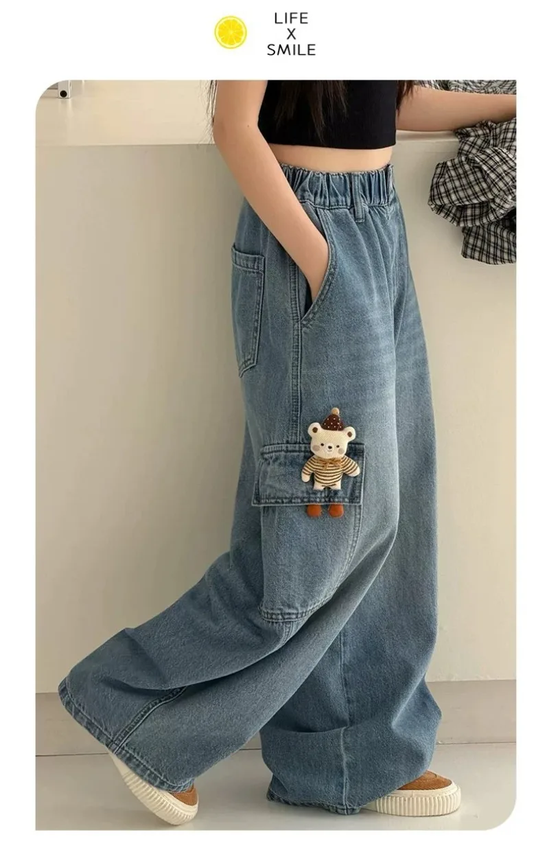 2026 UNITIM Herbst Kinder Mädchen Cargo-Hosen mit Puppendekor 4-14 Jahre Kinder Mädchen Jeans Lose Elastische Taille Junior Mädchen Weite Hosen – Detail 13