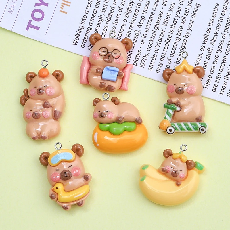 10Pcs Kawaii Cartoon Capybara Resin Charms Glossy Flatback Animal Earring Keychain Pendant for DIY Jewelry Make Crafts Accessory