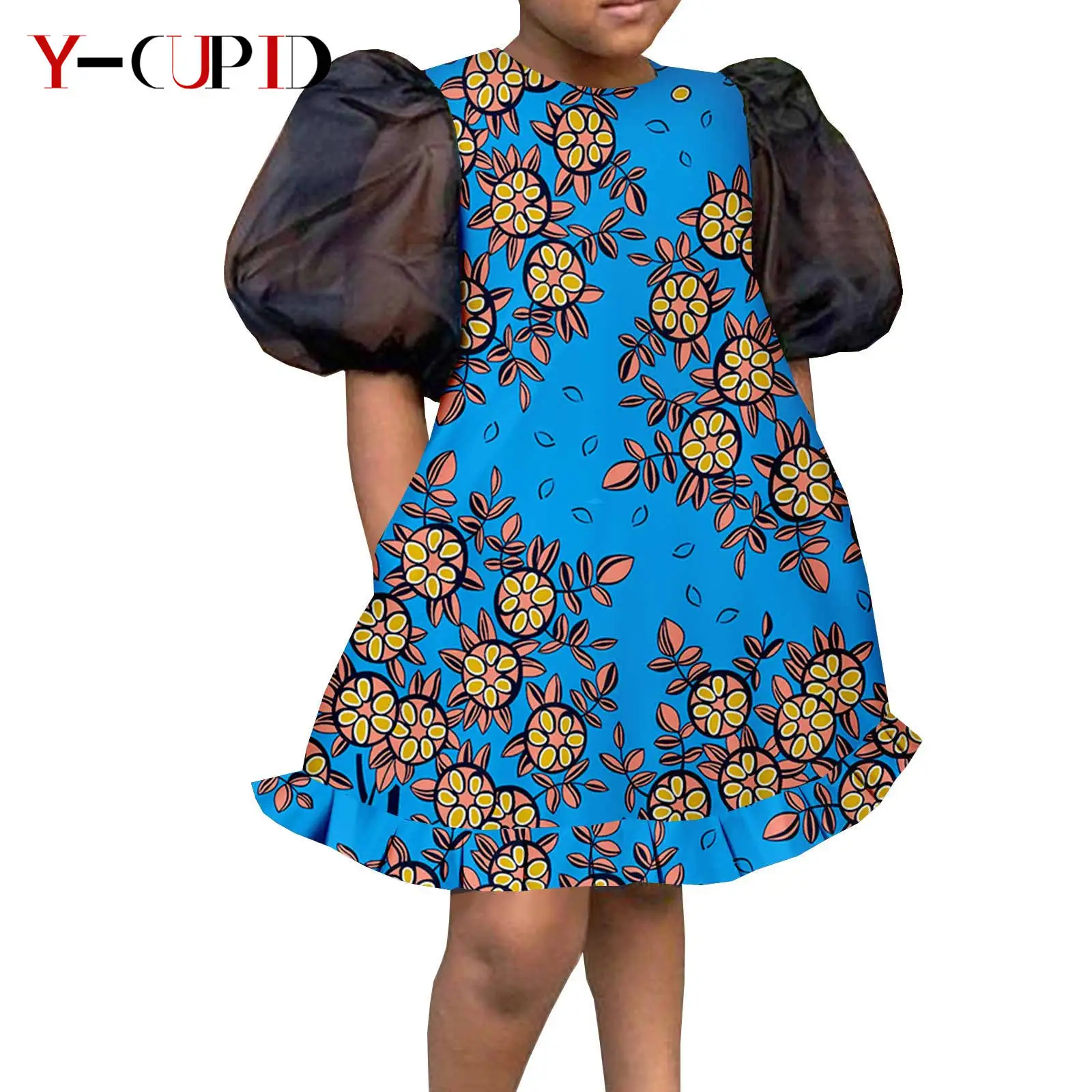 Ropa Africana Bazin Riche para niños, ropa Africana personalizada para niñas, vestidos hasta la rodilla con estampado Ankara, Y224018