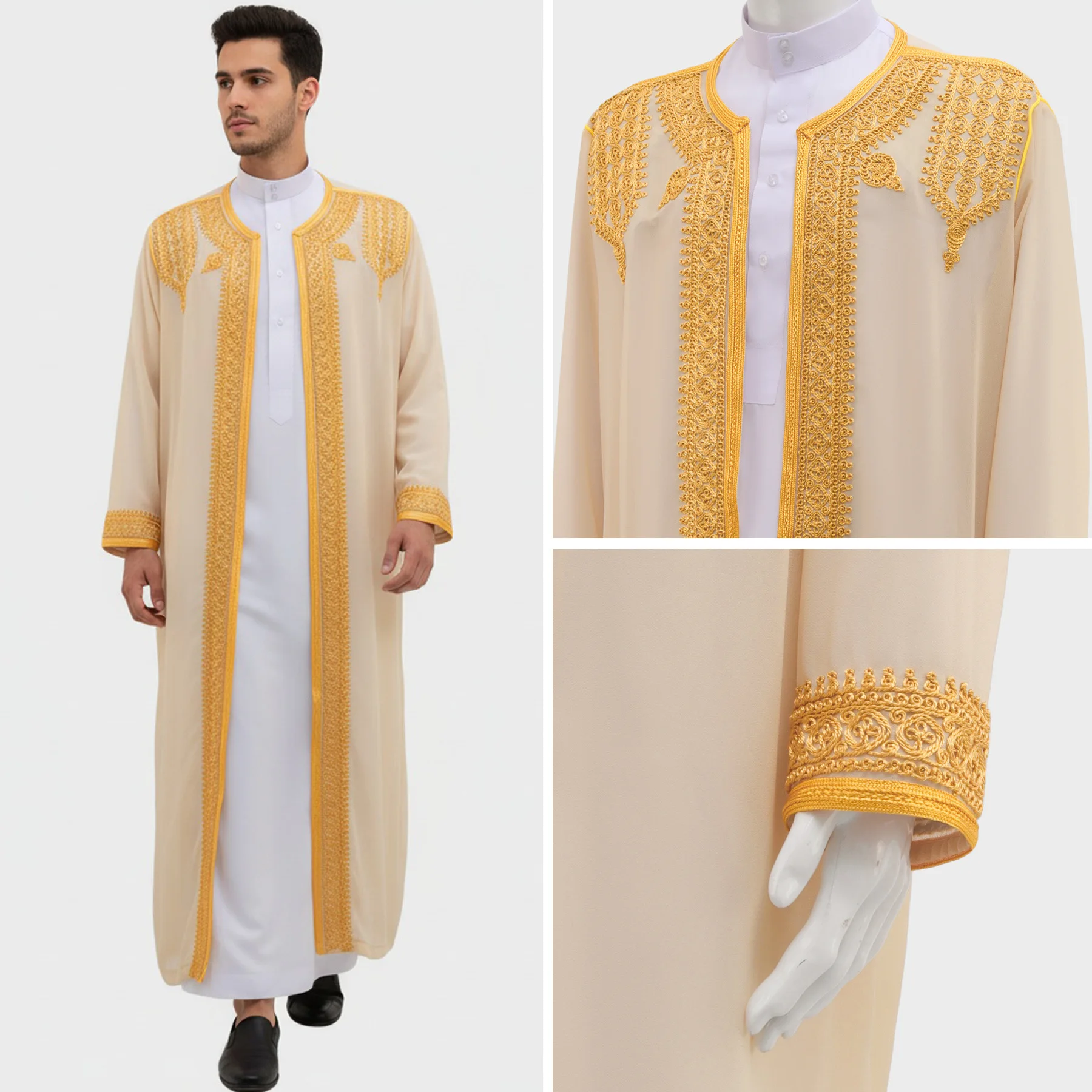 Roupão Longo Tradicional Árabe Luxuoso com Bordado em Ouro, Vestido Formal Masculino, Estilo Étnico do Oriente Médio, Fibra de Poliéster