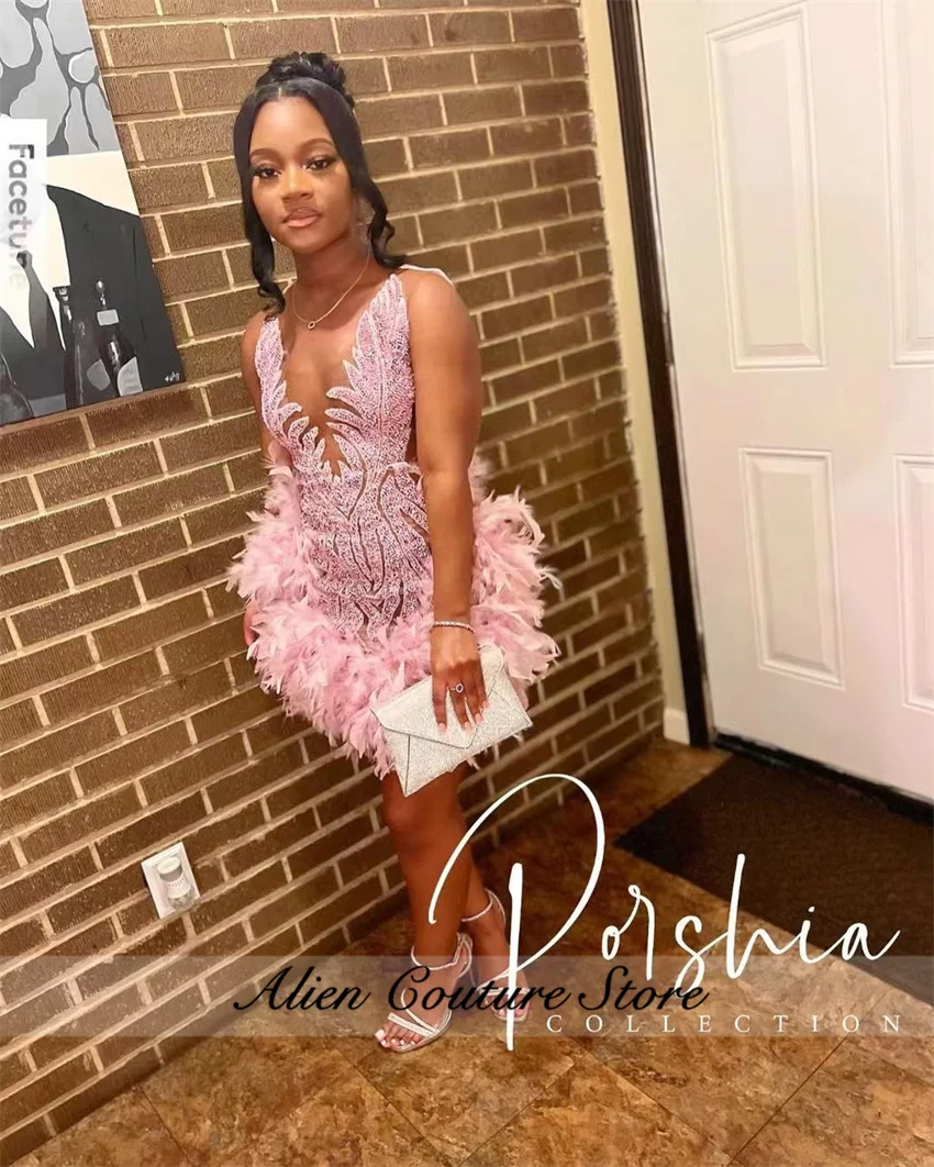 Cute Pink Diamonds Prom Dress 2024 For Black Girls Crystals Beading Feathers Birthday Party Homecoming Dress Cocktail