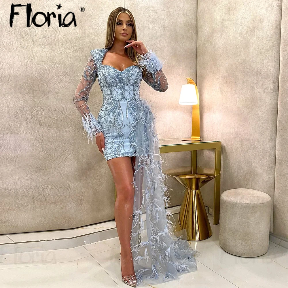 Robes de cocktail bleues plumes de luxe avec train latéral, manches longues, Rhcourt perlé, quel que soit le chérie arabe, Dubaï