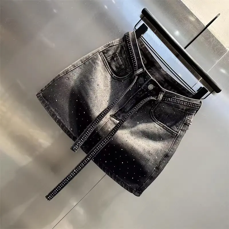 Oversize Retro Diamond Denim Mini Skirt for Women Summer High Waist Shiny Rivet Slim Skirts Gradient Black Grey Jean Skirts
