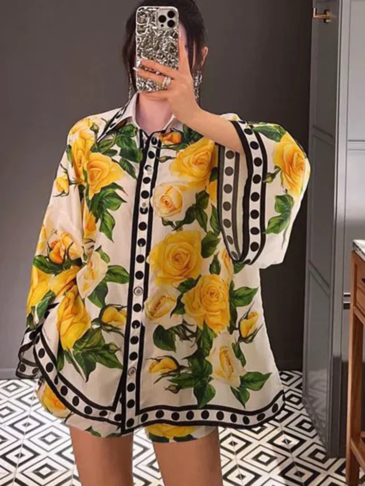 

Spring/Summer 2025 New Yellow Rose Printed Single-breasted Shirt Bat Sleeve Holiday Style Lapel Loose Fashion Joker blouse