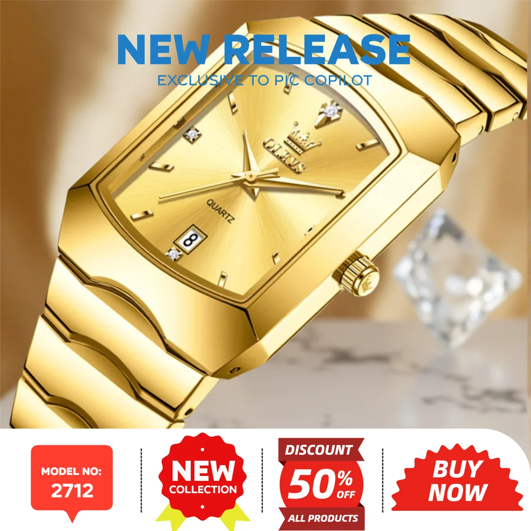 OLEVS 2712 Luxury Quartz Men's Watches Original Stainless Steel Strap Fashion Square Dial Auto Date Waterproof Watches for Man