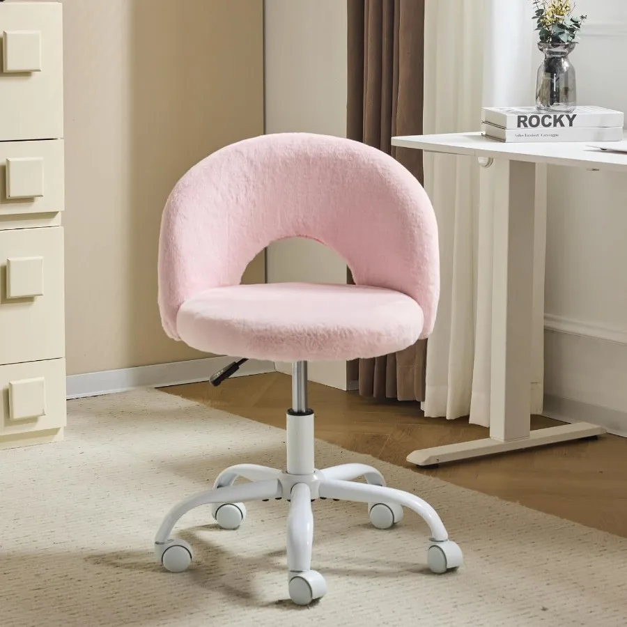 Small Vanity Chair with Faux Fur Wheels for Girls, Cute Adjustable Height Armless Office Desk Chair, 360° Swivel Comfy Rolling F