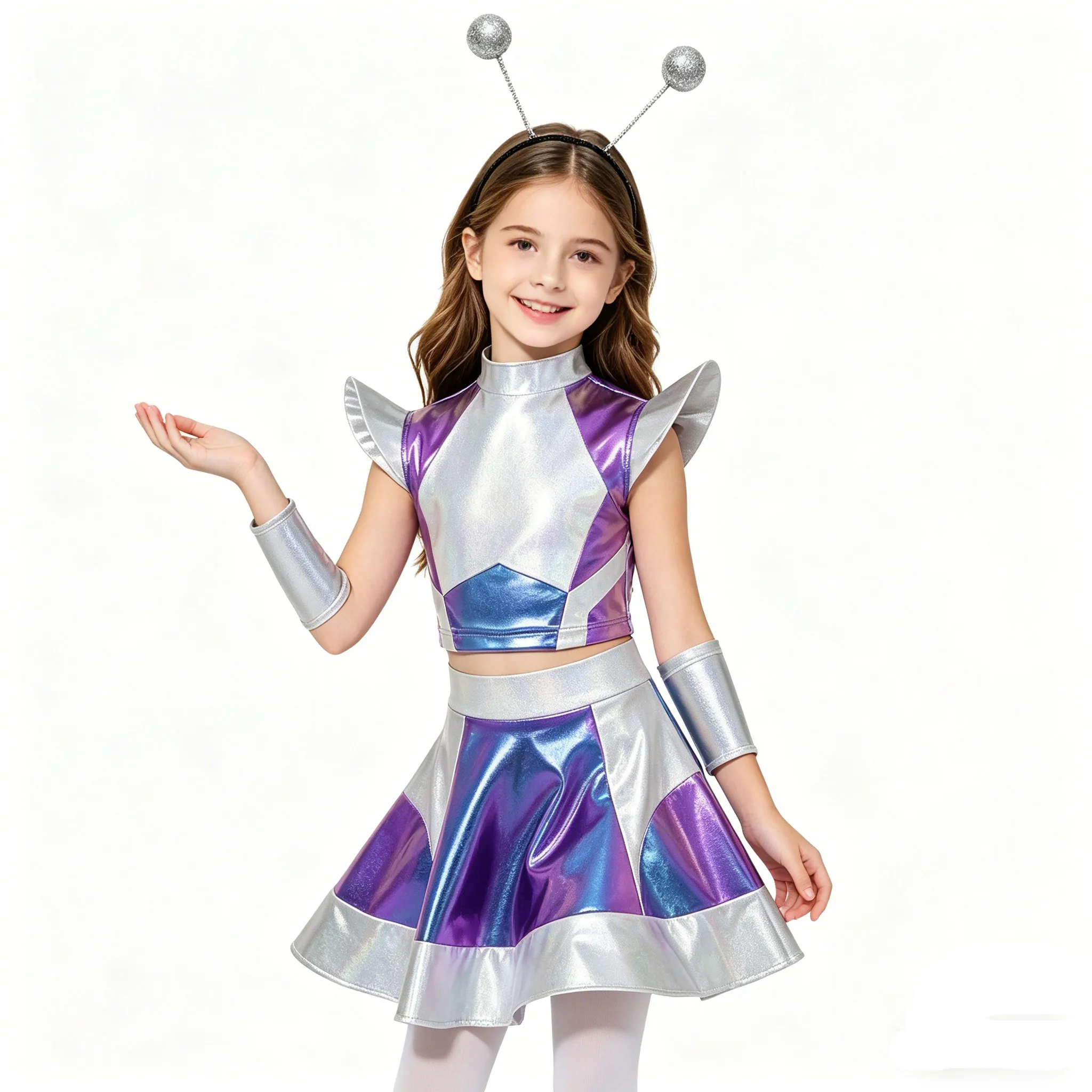 Disfraz de Astronauta Metálico para Niñas, Estilo Robot Espacial, Top Corto con Falda, Mangas y Diadema, Conjunto de Baile Jazz