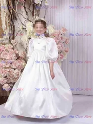 First Communion Gowns Flower Girls Dress Pink Bow White Formal Gowns Tulle Lace Kids Birthday Party Wedding Dresses