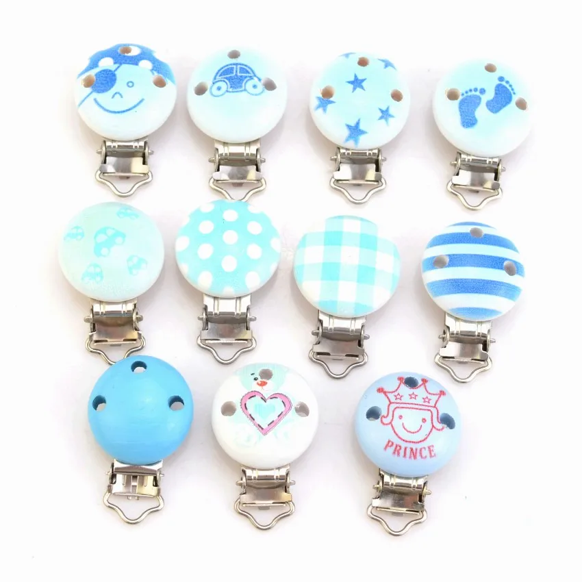 5PCs Blue boy Color Baby Pacifier Clips Wood Metal Holders Cute Infant Soother Clasps Funny Accessories 4.8x2.9cm