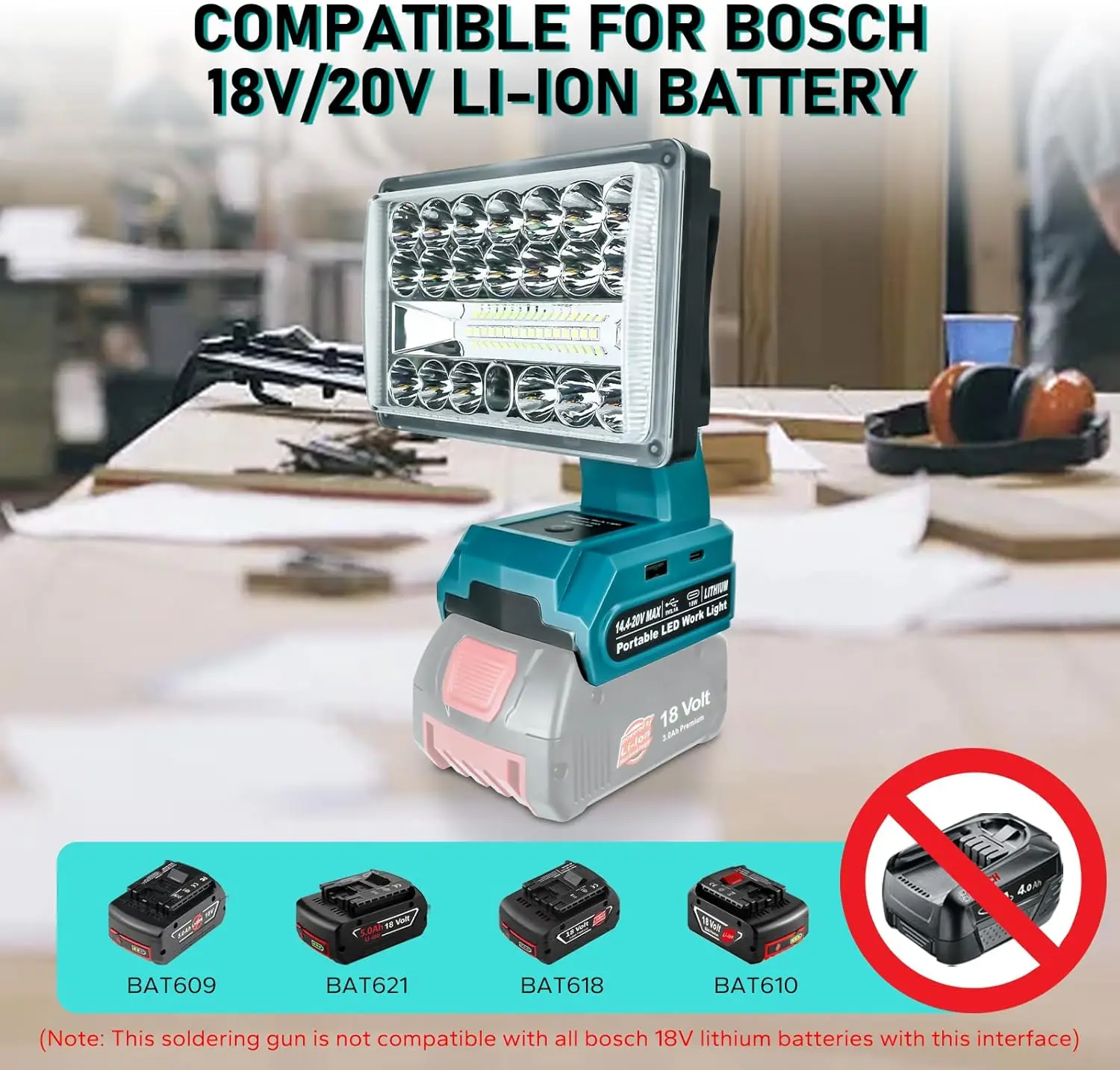 สำหรับ LED แบบพกพา Bosch ไฟฉายแบตเตอรี่ลิเธียมสูงสุด14.4-20V โคมไฟฟลัดไลท์ฉุกเฉินแบบพกพาโคมไฟตั้งแคมป์โคมไฟ2000LM