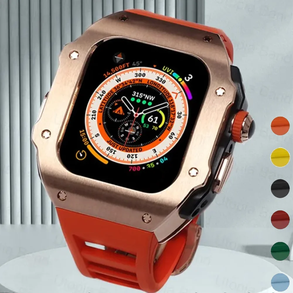 Apple Watch Ultra 2/1/49mm、9/8/7/6/5/4/SE/44mm/45mm対応 ステンレススチール製改造キット スポーツバンド iWatch ラバー交換改造パーツ