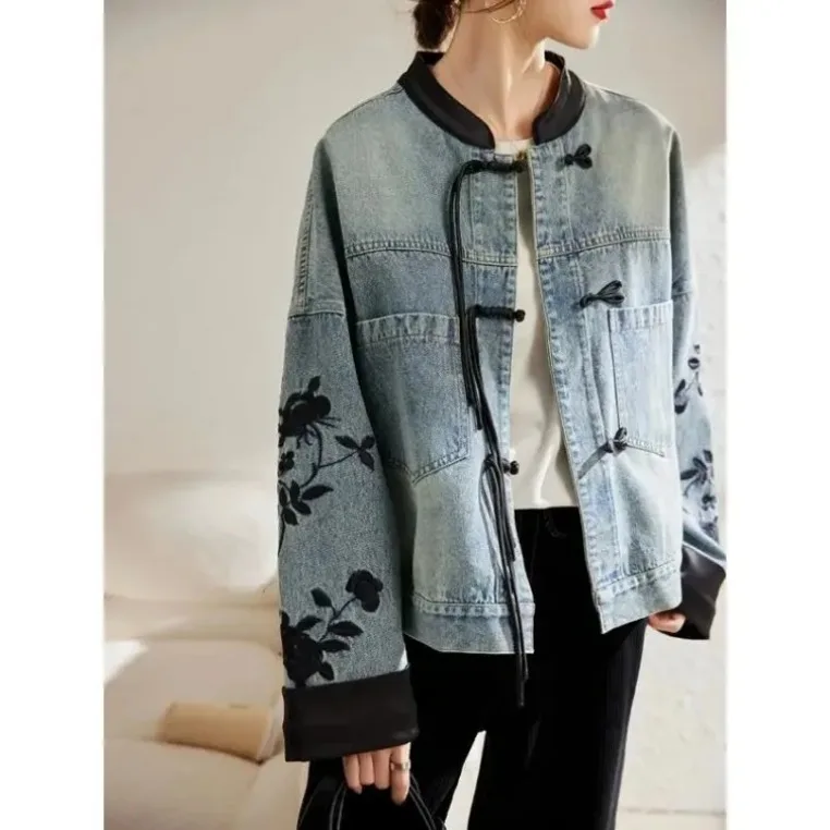 Vestes en denim à col montant de style chinois pour femmes, manteau de broderie de printemps, Y2k, E-Girl, manches longues, nouveau