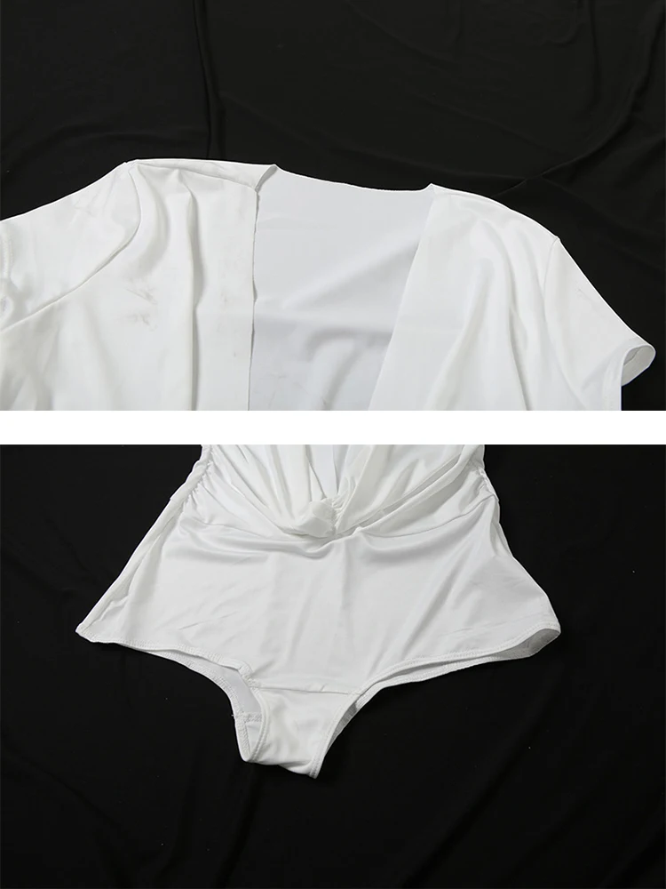 Gtpdpllt ثوب فضفاض صيفي أبيض مثير عميق الخامس الرقبة قصيرة الأكمام حللا قطعة واحدة ملابس الكورية موضة Playsuit امرأة