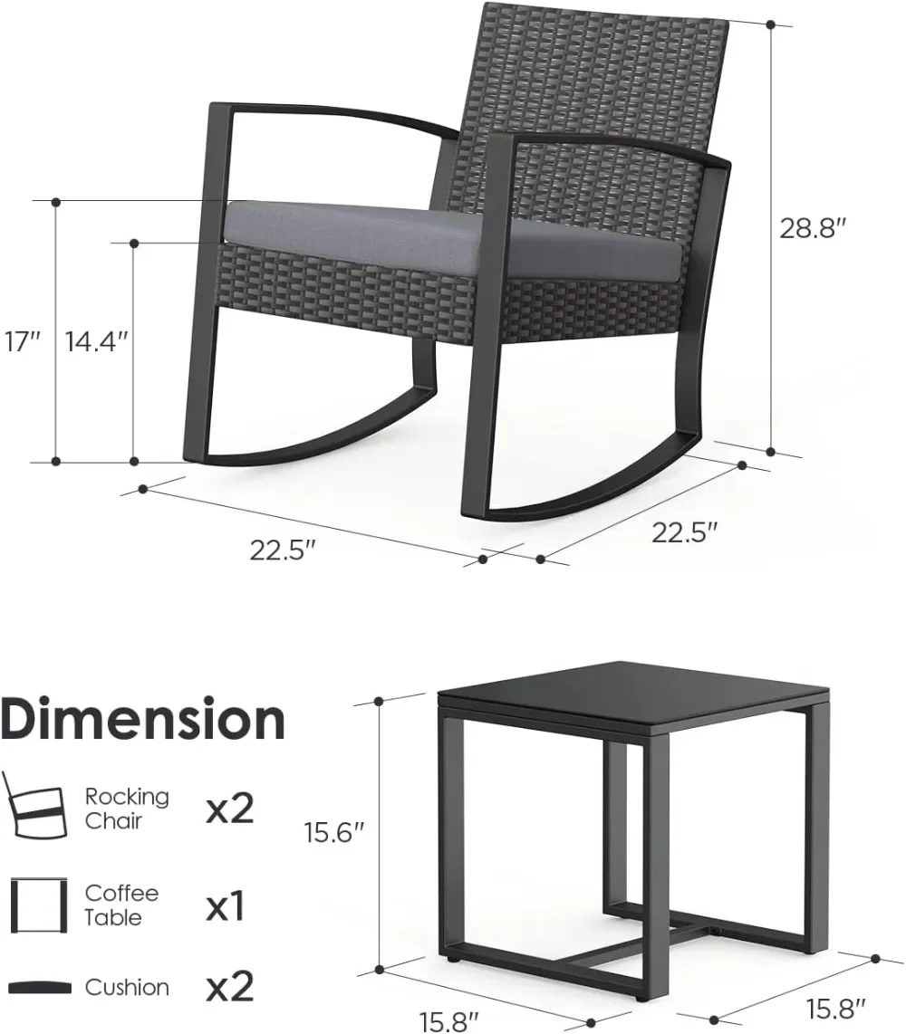 3 Piece Wicker Patio Furniture Set, Outdoor Rocking Chairs, Outdoor Furniture with Table & Cushions,Gray