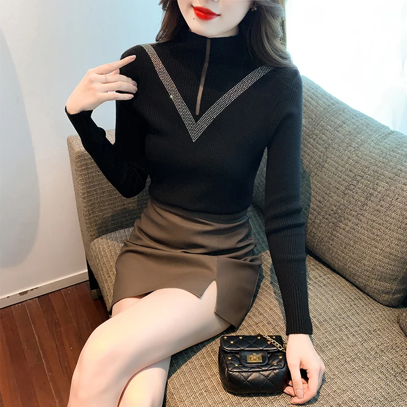 

Ladies Fashion Mesh Splicing Beading Pullover Sweater Women Clothing Girls Autumn Casual Knitwear Female OL Sweaters BVAJ082