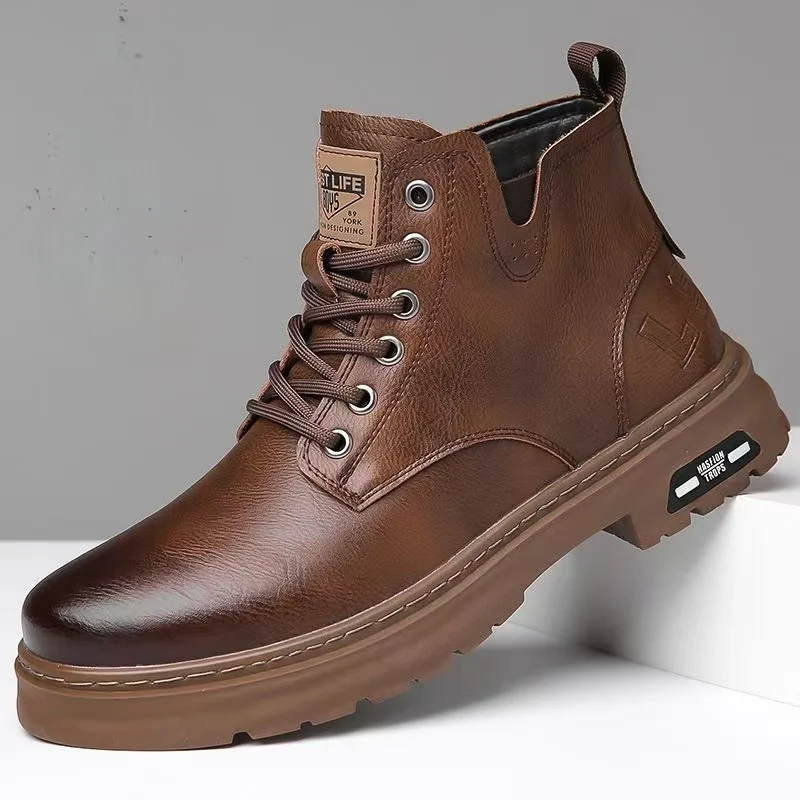 

Мужские осенне-зимние высокие повседневные ботинки из натуральной кожи, нескользящие водонепроницаемые рабочие ботинки на толстой подошве в британском стиле на шнуровке