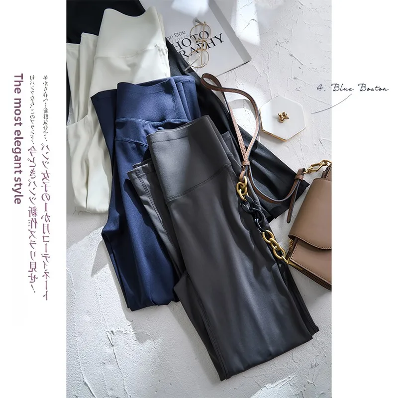 하이웨이스트 슬림핏 편안한 얇은 요가 스포츠 캐주얼 팬츠 여성용 미디길이 마이크로 플레어 팬츠